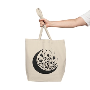 Celestial Moon Canvas Tote Shopping Bag Botanical Tote Bag For Nature Lovers Moon Phases Tote Bag Flower Lover Christmas Gift Bag