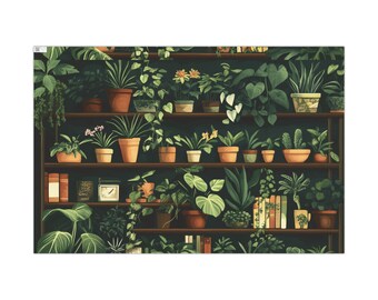Nature Wrapping Paper, Plant Lovers Gift Wrap with Vintage Bookshelf, Houseplant Lover Gift, Botanical Paper, Greenery Gift Wrap