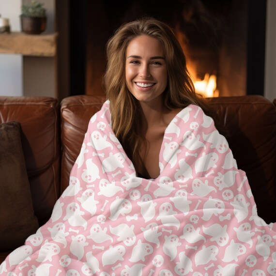 Pink Ghost Blanket: Halloween Velveteen Plush Throw