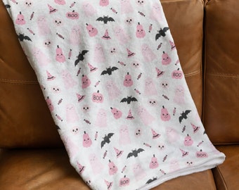 Coperta di velluto rosa per Halloween: fantasma, pipistrello e zucca