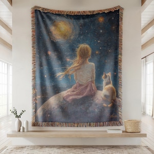 Gewebte Decke - Mädchen und Katzen-Sternengucken, gemütliches Wohndekor, Glückskatzenliebhaber Geschenk, Nachthimmel Bettwäsche, Katzenlady Decke, Tierliebhaber
