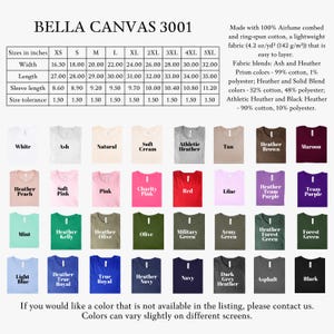 May include: A Bella Canvas 3001 t-shirt color chart with 30 different color options. The chart includes the color name and a small sample of the fabric in each color. The chart also includes size information in inches for the t-shirt.
