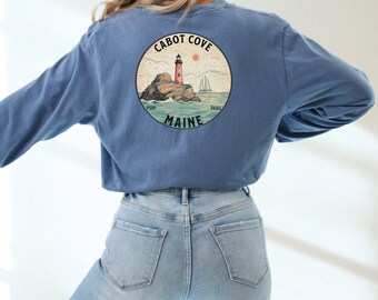 Cabot Cove Comfort Colors Long Sleeve T-Shirt: Vintage Typewriter, Maine Lighthouse