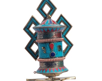 Turquoise Tibetan Prayer Wheel with Endless Knot| Buddhist Meditation Decor | Spiritual Home Altar Gift