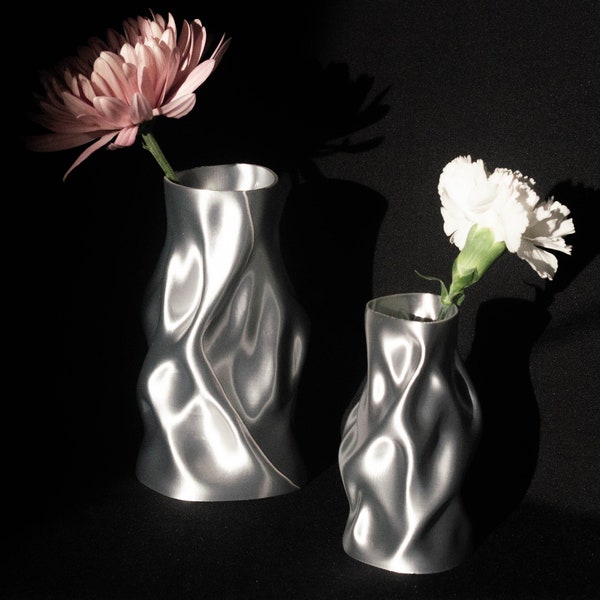 Vase vague chromé, décoration d'intérieur moderne, sculpture d'accent maison futuriste, cadeau unique, cadeau de pendaison de crémaillère, impression 3D de vase, art océan étanche