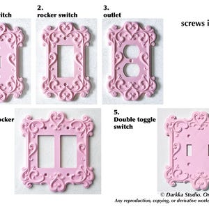 Puede incluir: Una colecci&oacute;n de cubiertas decorativas rosas para interruptores de luz. Los estilos incluyen interruptor basculante, interruptor de balanc&iacute;n, enchufe, interruptor de balanc&iacute;n doble e interruptor basculante doble. Las cubiertas tienen un dise&ntilde;o ornamental de volutas. Tornillos incluidos.