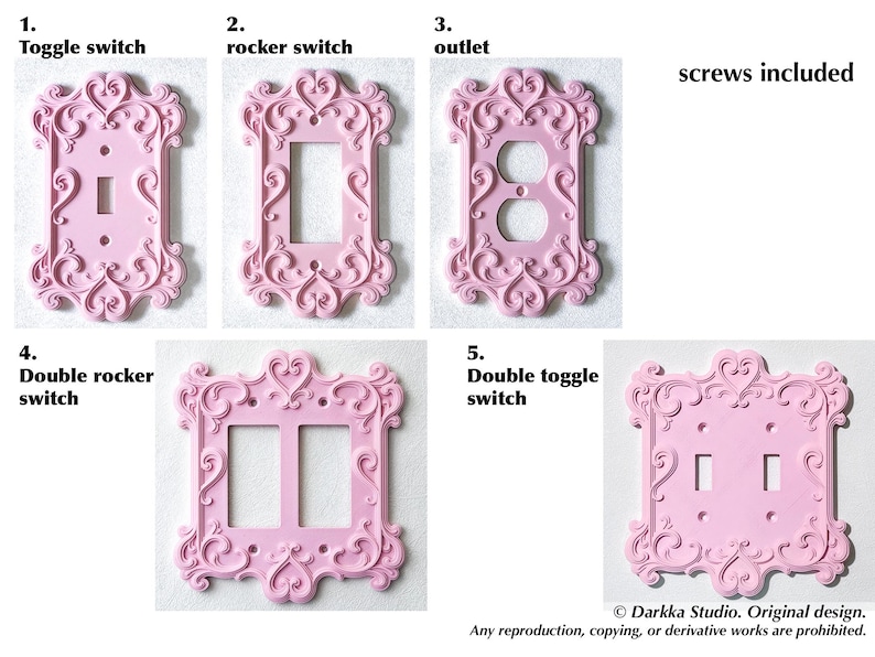 Puede incluir: Una colecci&oacute;n de cubiertas decorativas rosas para interruptores de luz. Los estilos incluyen interruptor basculante, interruptor de balanc&iacute;n, enchufe, interruptor de balanc&iacute;n doble e interruptor basculante doble. Las cubiertas tienen un dise&ntilde;o ornamental de volutas. Tornillos incluidos.