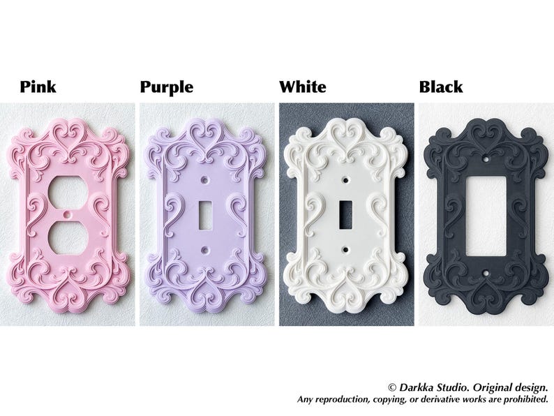 Puede incluir: Cuatro cubiertas decorativas para interruptores de luz en rosa, morado, blanco y negro. Cada cubierta tiene un dise&ntilde;o ornamental y con volutas. La cubierta rosa tiene dos agujeros para un enchufe, mientras que las otras tienen una abertura para un solo interruptor.
