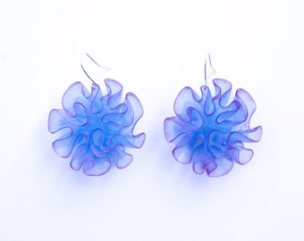 Ocean Creature Earrings Blue and Purple Ruffled Statement Jewelry Nature Inspired Lightweight Biology Scientist Gift Organic Parametric