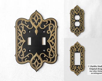 Placca per interruttore luce Art Nouveau, decorazione murale Dark Academia, filigrana color oro e nero.