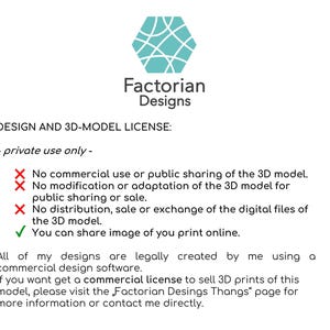 Puede incluir: Un acuerdo de licencia de texto para un dise&ntilde;o de modelo 3D. La licencia establece que el dise&ntilde;o es solo para uso privado y proh&iacute;be el uso comercial, la modificaci&oacute;n, la distribuci&oacute;n o la venta del modelo 3D. La licencia tambi&eacute;n establece que el usuario puede compartir im&aacute;genes de sus impresiones 3D en l&iacute;nea.
