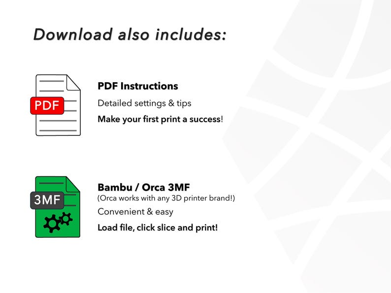Puede incluir: La descarga incluye un PDF con instrucciones para imprimir y un archivo 3MF para usar con impresoras 3D Bambu u Orca. El texto dice "Instrucciones PDF", "Configuraci&oacute;n detallada y consejos", "&iexcl;Haz que tu primera impresi&oacute;n sea un &eacute;xito!" y "Bambu / Orca 3MF", "(&iexcl;Orca funciona con cualquier marca de impresora 3D!)", "C&oacute;modo y f&aacute;cil", "&iexcl;Carga el archivo, haz clic en cortar e imprimir!"