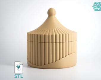May include: A beige cylindrical container with a ribbed exterior and a conical lid topped with a small sphere. The base features a smooth, curved cutout section, and the overall design has a matte finish with visible 3D printed texture.