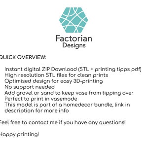 Puede incluir: Una descarga digital para un dise&ntilde;o de jarr&oacute;n imprimible en 3D. El dise&ntilde;o est&aacute; optimizado para una impresi&oacute;n f&aacute;cil e incluye consejos para la impresi&oacute;n. El texto "Factorian Designs" est&aacute; en la parte superior central de la imagen.