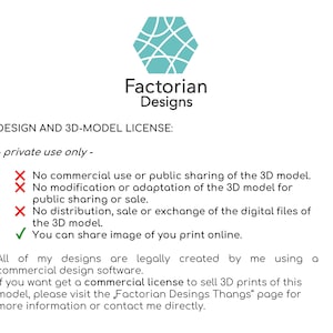 K&ouml;nnte beinhalten: Wei&szlig;er Hintergrund mit dem Factorian Designs Logo, einem t&uuml;rkisfarbenen geometrischen Design. Der Text beschreibt eine 3D-Modell-Lizenz, einschlie&szlig;lich nur privater Nutzung, sowie Einschr&auml;nkungen hinsichtlich kommerzieller Nutzung, Modifizierung und Vertrieb. Es wird auch angegeben, dass Sie Bilder Ihrer Drucke online teilen k&ouml;nnen.