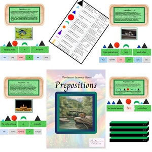 Puede incluir: Cajas de gramática Montessori para preposiciones. La imagen incluye ejemplos con ilustraciones y ejercicios de construcción de oraciones. Las cajas presentan formas coloridas y texto, con el título "Preposiciones" destacado.