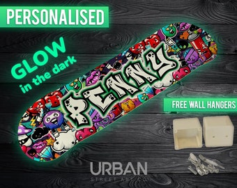 Skateboard Deck Personalised Name Graffiti Glow in the Dark | Skateboard Deck Custom Art | Hanging Skateboard Art