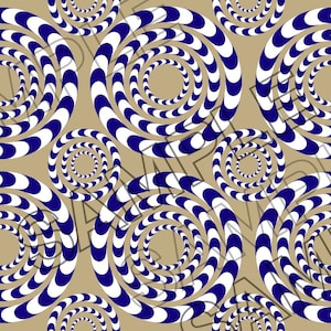 May include: A pattern of blue and white concentric circles creates an optical illusion. The circles appear to move and spin, creating a mesmerizing effect.