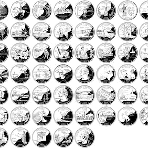 Peut inclure: Une image en noir et blanc de 50 pièces de monnaie de 25 cents des États-Unis. Chaque pièce présente un motif d'État différent et l'année de sa frappe. Les pièces sont disposées en grille.