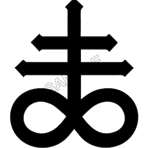 May include: A black and white symbol with a cross and an infinity symbol. The cross has three horizontal bars and the infinity symbol is below the cross.