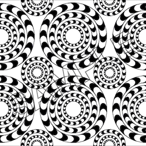 May include: Black and white abstract pattern with concentric circles. The circles are made up of alternating black and white stripes.