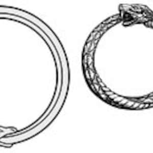 May include: Two black and white line drawings of ouroboros, a snake biting its own tail, forming a circle. The first ouroboros is a double circle with the snake's head and tail meeting in the center. The second ouroboros is a single circle with the snake's head biting its tail.