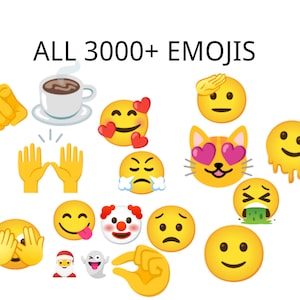 May include: A collection of yellow emojis with different facial expressions, including a coffee cup, a cat with hearts for eyes, a clown, and a hand giving a high five. The text "ALL 3000+ EMOJIS" is at the top of the image.