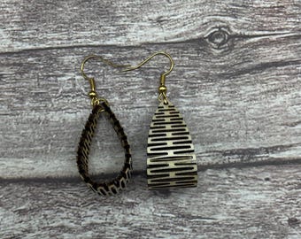 Laser Engraved Wooden Hoop Earrings | Geometric Dangle Jewelry