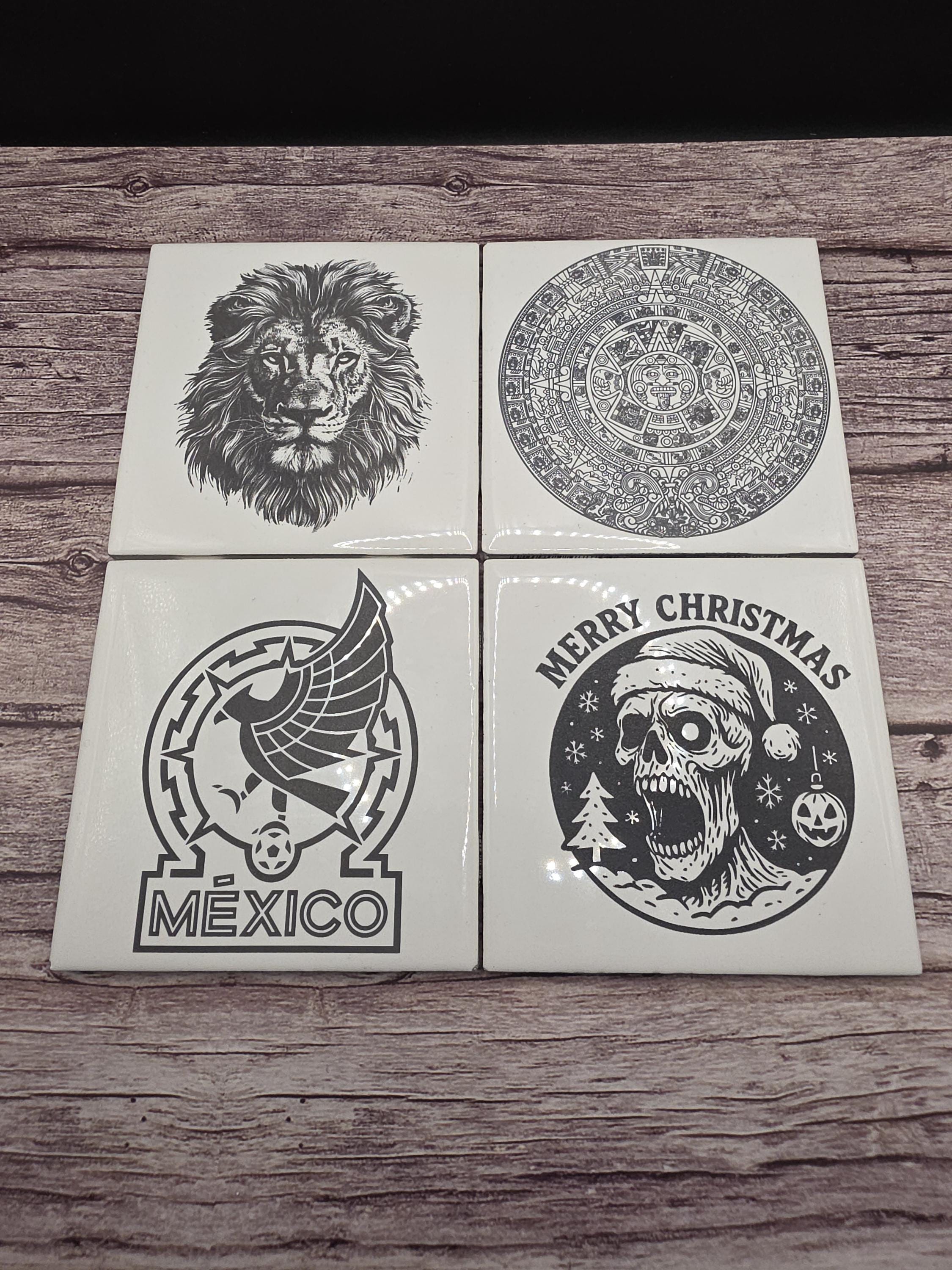 Set of 4 Engraved Ceramic Tile Art – Custom Black & White Design