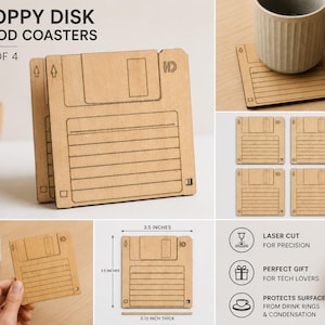 Set of 4 Retro Floppy Disk Wood Coaster: Engraved Nostalgic Design