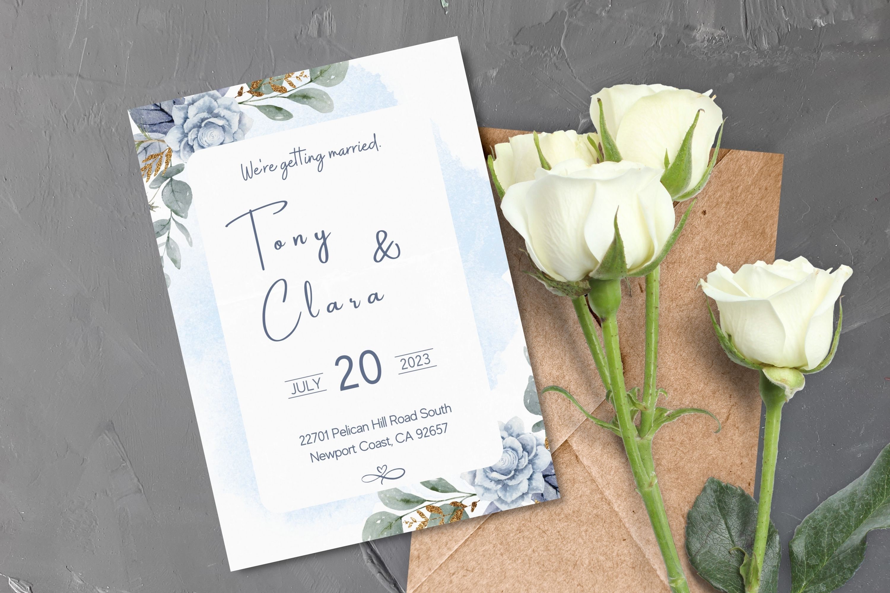 Blue Wedding Invitation Template With Watercolor Light Blue Flowers ...