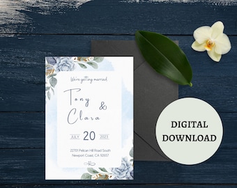 Blue Wedding Invitation Template with Watercolor Light Blue Flowers, Digital Download, Editable and Printable Blue Wedding Invitations, PDF