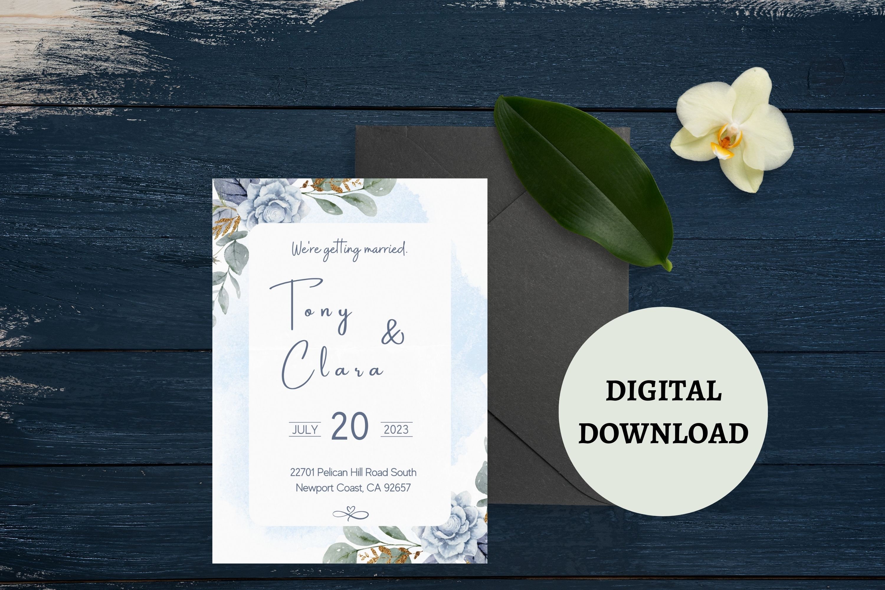 Blue Wedding Invitation Template With Watercolor Light Blue Flowers ...