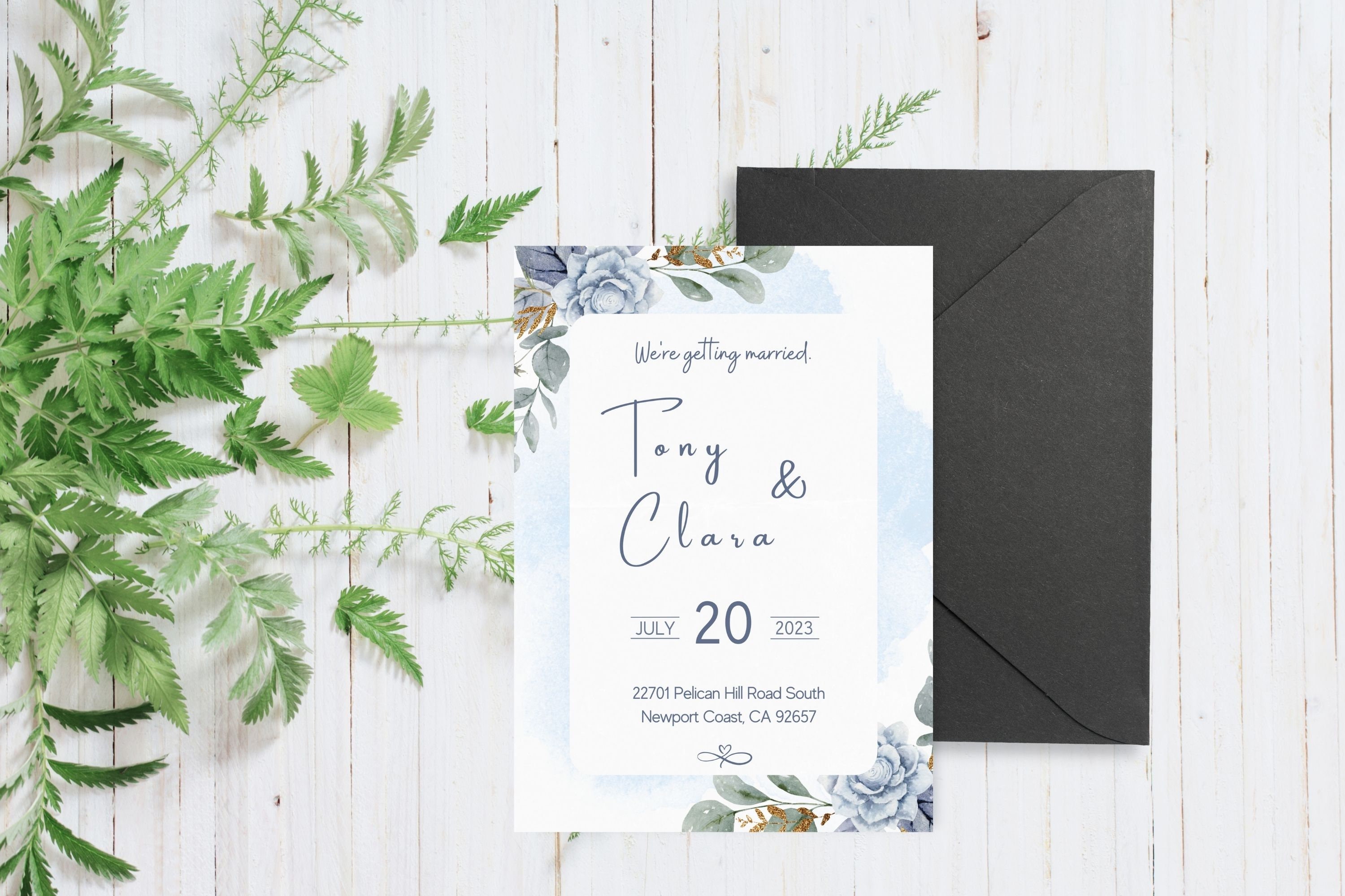 Blue Wedding Invitation Template With Watercolor Light Blue Flowers ...