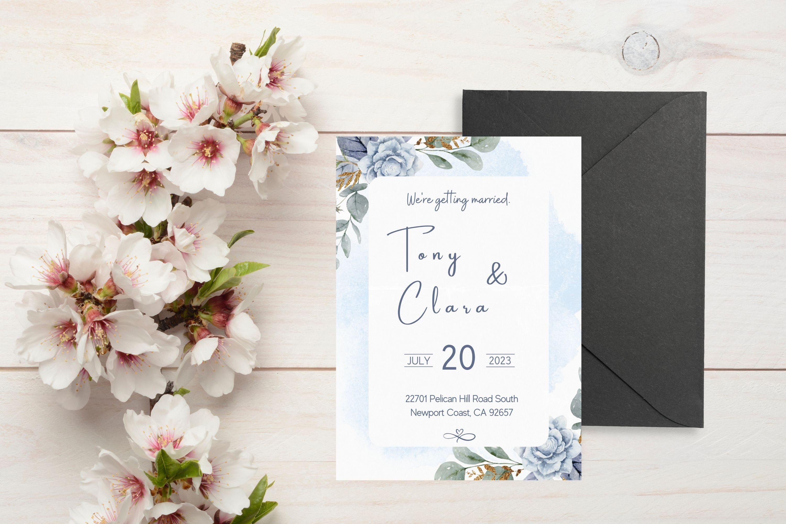 Blue Wedding Invitation Template With Watercolor Light Blue Flowers ...
