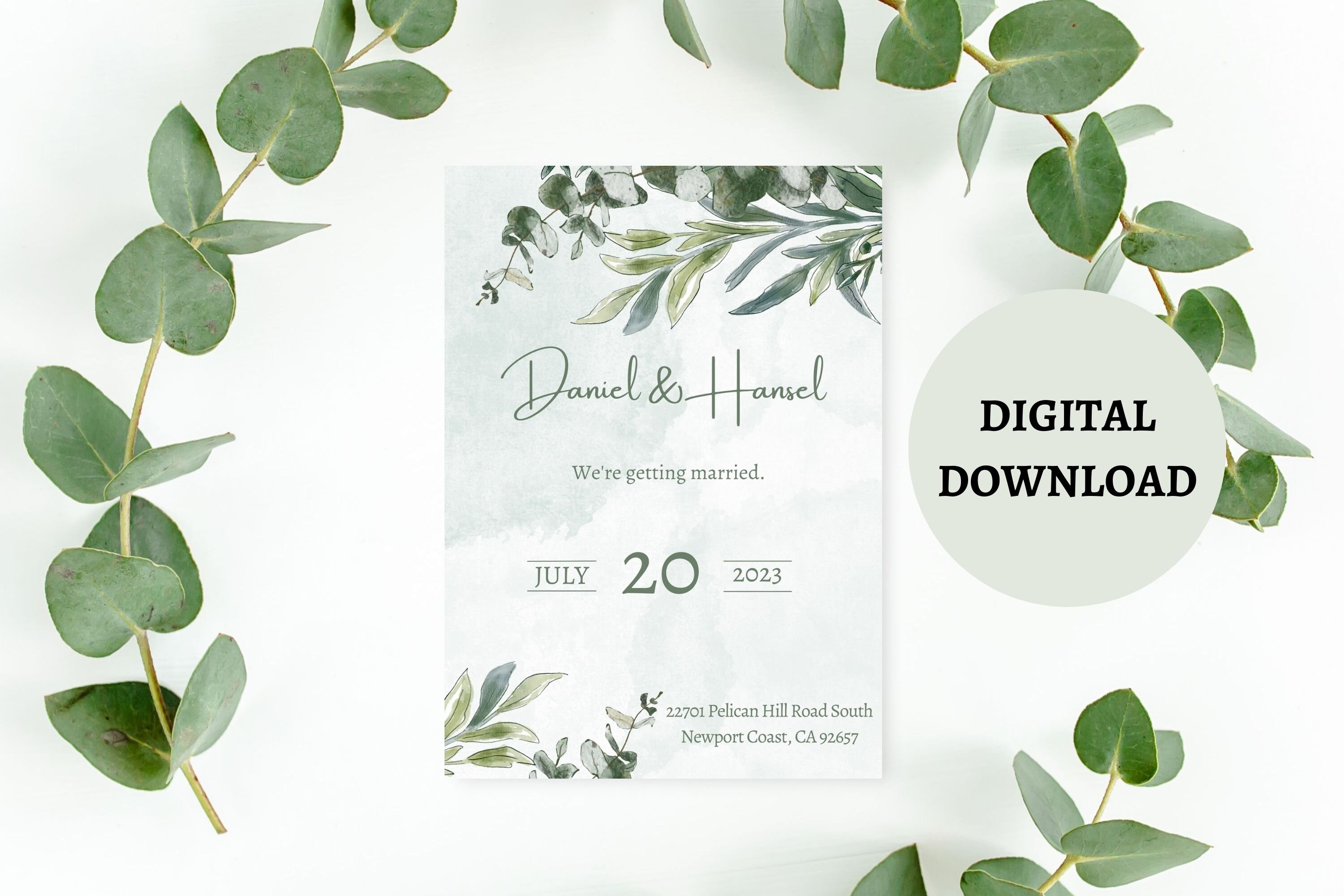 Eucalyptus Wedding Invitation Template, Digital Editable Floral Wedding