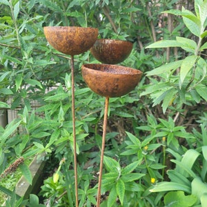 Hand made rain catcher x3, blacksmith made, zen garden ornament, chimes with rust finish, bird feeder, singing bowls