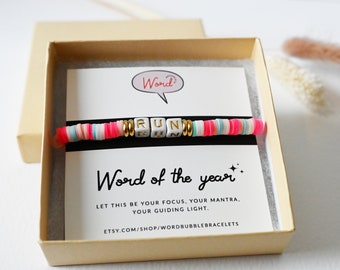 Run Bracelet, Word of the Year Bracelet, Inspirational Personalized Bead Bracelet | Clay Beads, Letters & Gold Rings | Gift for Runner