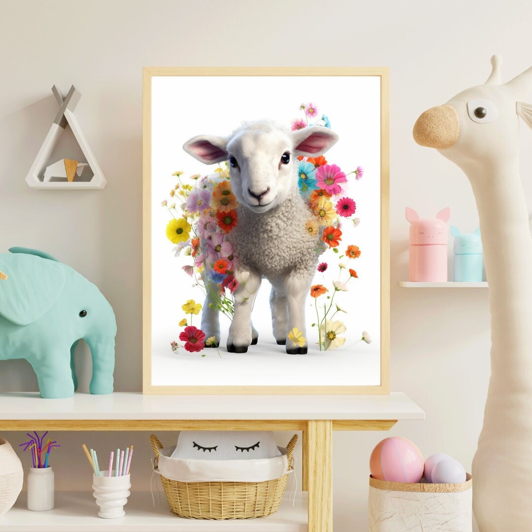 Sweet Baby Lamb Nursery Art / Digital Wall Prints With Flower Decor