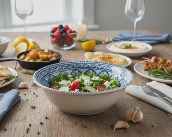 Handmade deep round clay bowl from Tunisia. This bowl is ideal for use as decoration or serving dish.