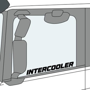 May include: A diagram of a vehicle's side mirror and window, with the word "INTERCOOLER" in bold, black text. The mirror is grey and has multiple sections. The window is light blue.