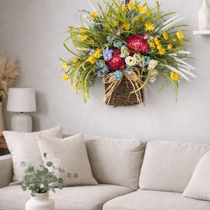 Rose Peony Hydrangea Basket Wreath, Front Door Decor (26") image 2