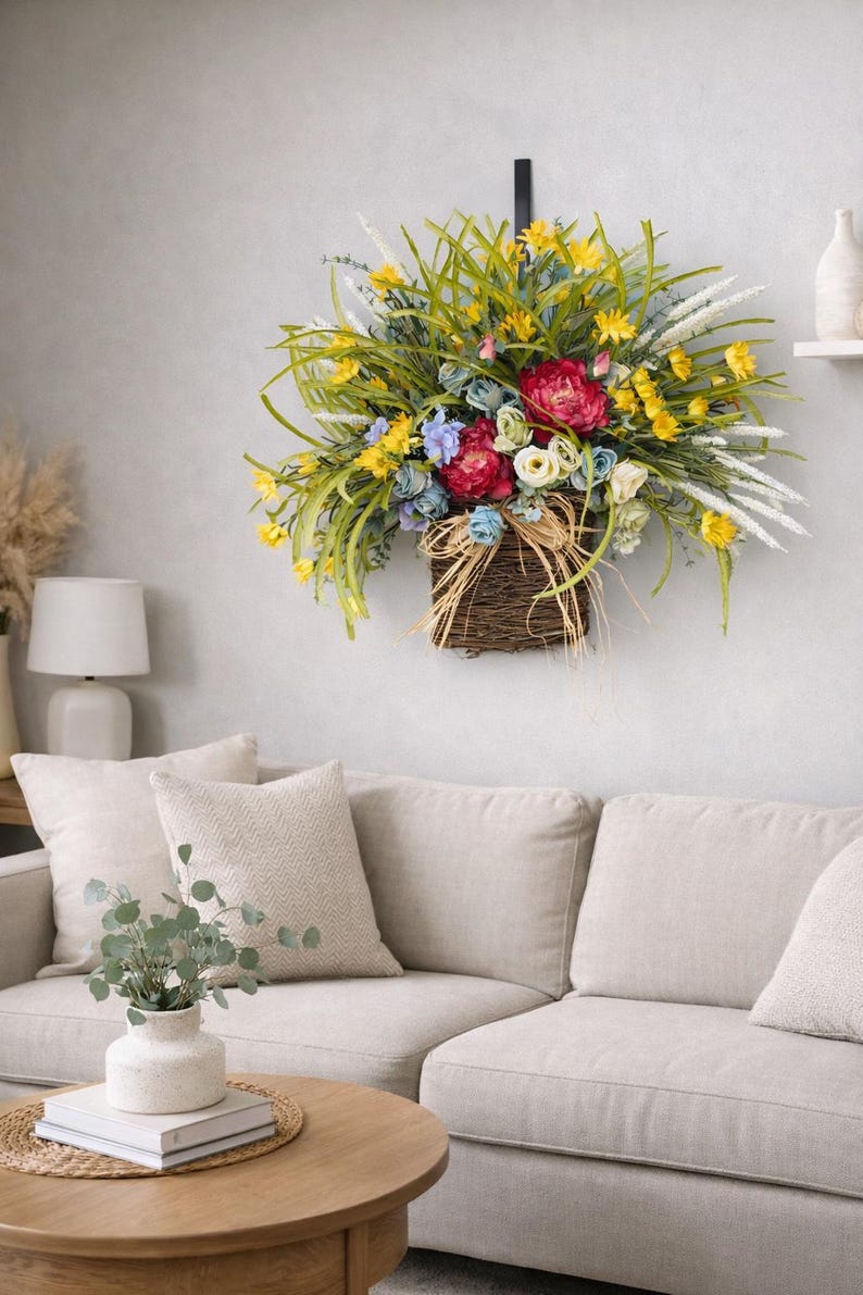 Rose Peony Hydrangea Basket Wreath, Front Door Decor (26") image 2