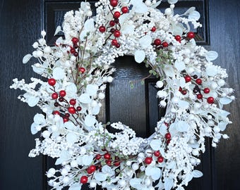 Ghirlanda natalizia con bacche rosse, decorazione invernale per la porta, 60 cm