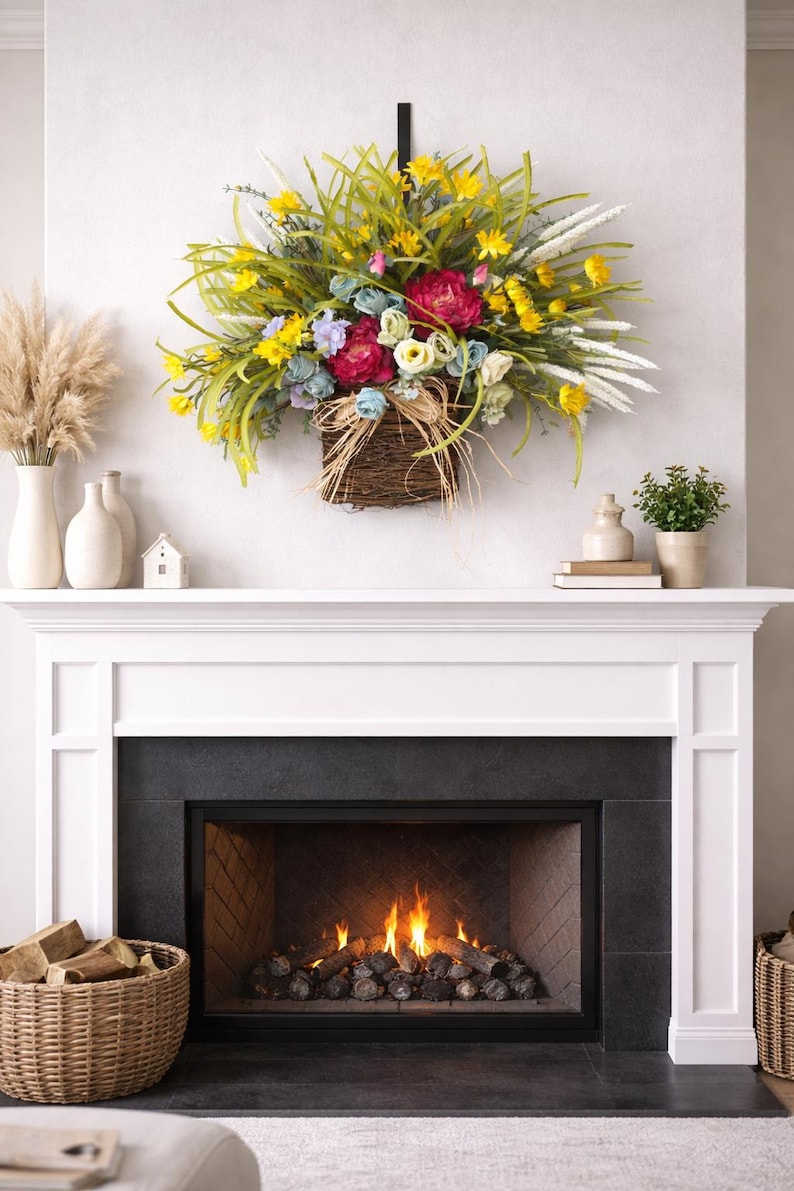 Rose Peony Hydrangea Basket Wreath, Front Door Decor (26") image 4