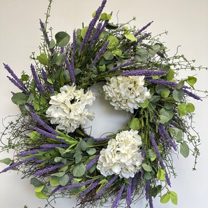 Front door spring every day hydrangeas eucalyptus Lavender wreath weddings Birthday gifts, moving gifts, gifts for friends 24&quot;Wreath