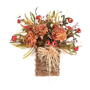 22" Fall Floral Wall Basket, Rustic Peonies, Autumn Greenery, Farmhouse Door Decor