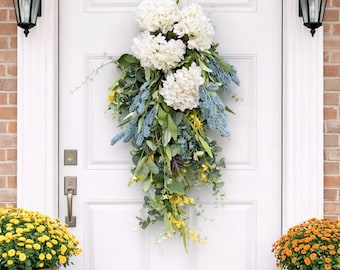White Floral Teardrop Swag, Farmhouse Greenery Door Decor, Spring Summer Entryway Hanging