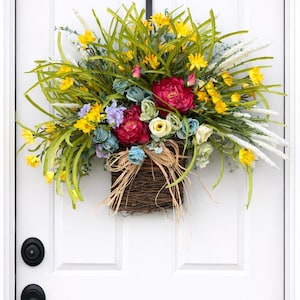 Rose Peony Hydrangea Basket Wreath, Front Door Decor (26") image 1