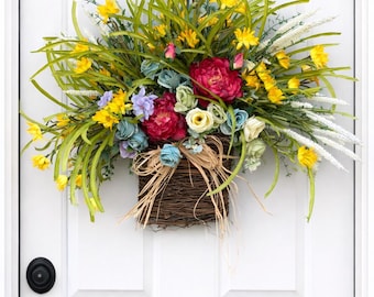 Rose Peony Hydrangea Basket Wreath, Front Door Decor (26")
